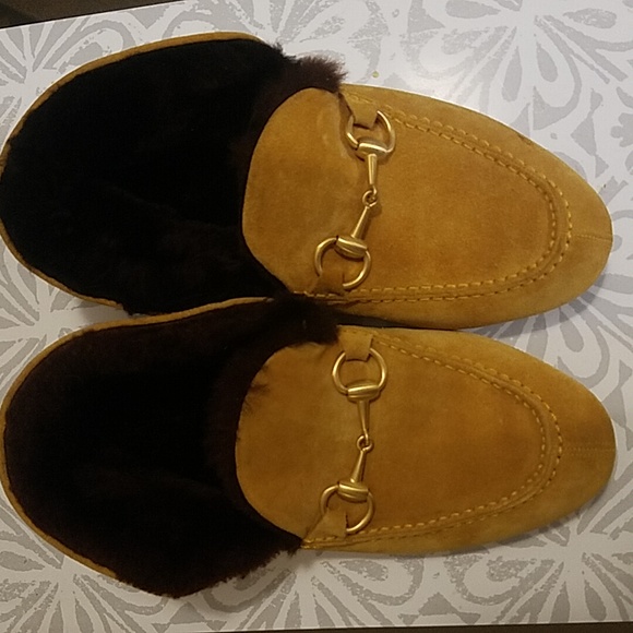 Mustard Suede Loafers Slippers with Gold Horsebit Buckle - Picture 6 of 12